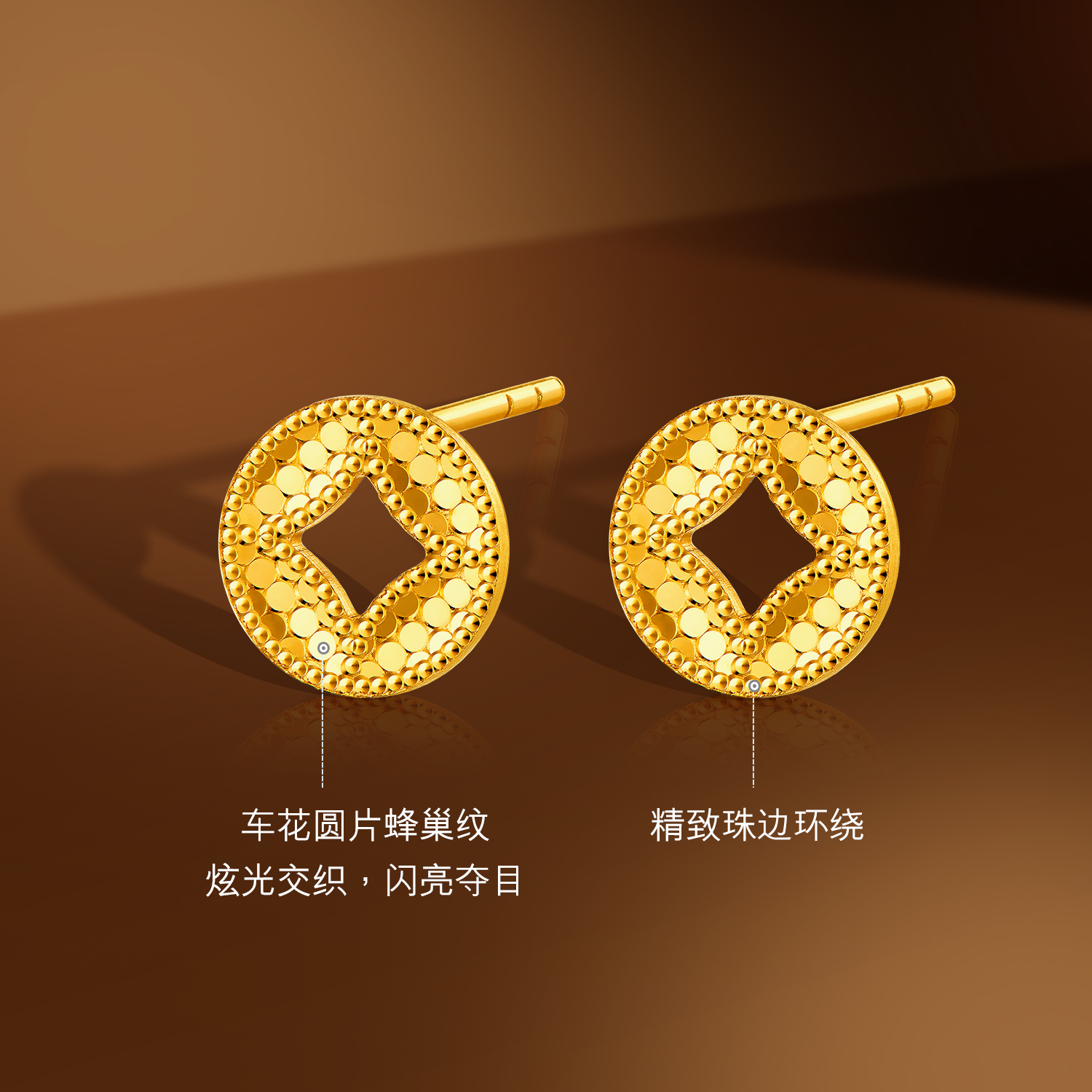六福珠宝爆闪铜钱黄金耳钉耳环女精致蜂巢足金耳饰计价L19G0004DS