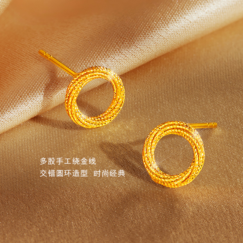 六福珠宝经典圆环黄金耳钉耳环女手工编织足金耳饰计价GJG0085DS