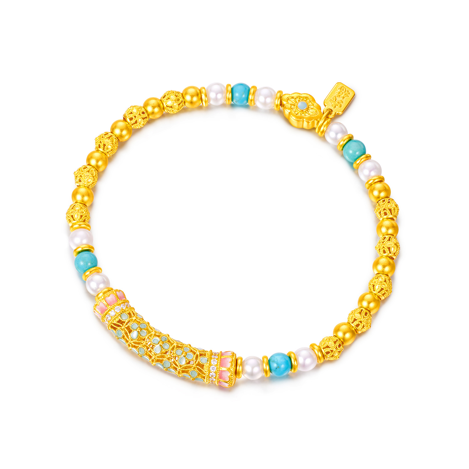 【成毅同款】【成毅同款】六福珠宝宋韵花开海韵黄金手链珍珠女绿松石028478BA赏春【联系客服补货】【1V1直播看货】