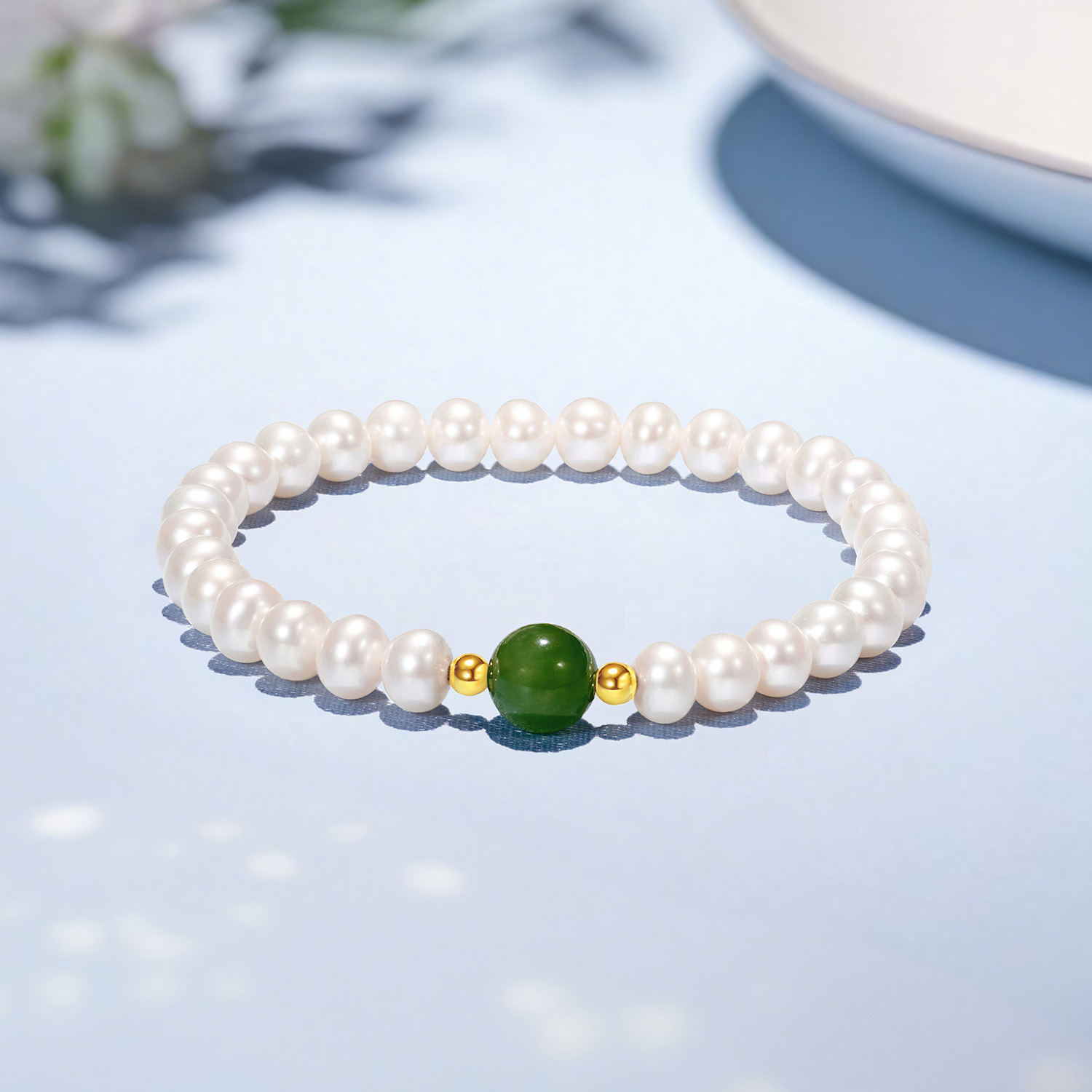 六福珠宝青黛淡水珍珠手链女款Ag925银饰和田玉石手串F64J0002DS