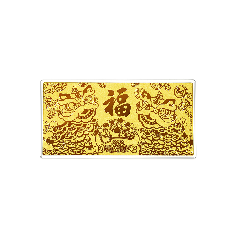 六福珠宝醒狮接福黄金金钞1g3g5g足金摆件计价025005GA-5