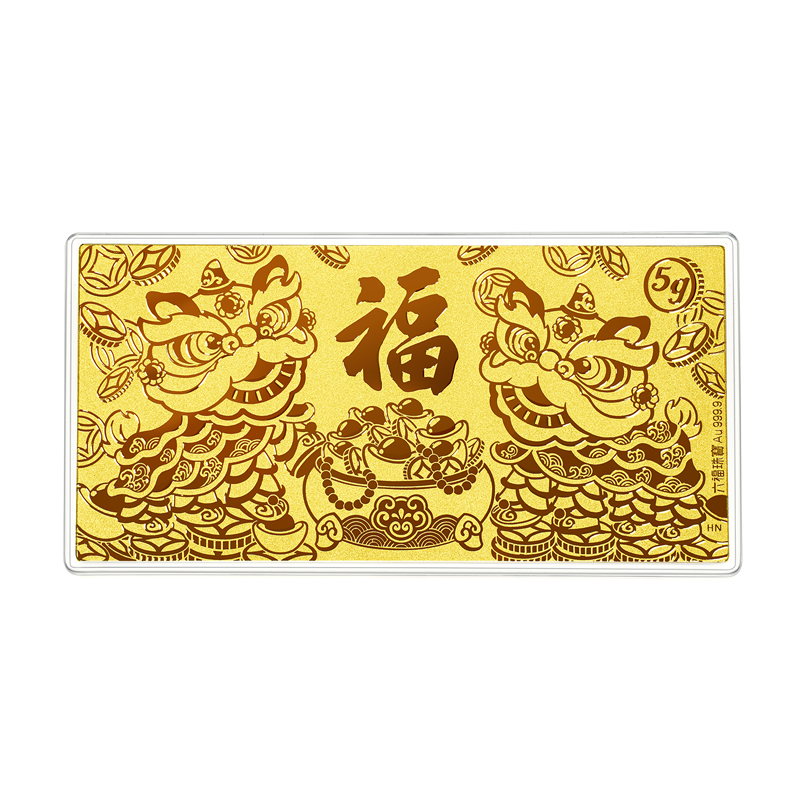 六福珠宝醒狮接福黄金金钞1g3g5g足金摆件计价025005GA-5