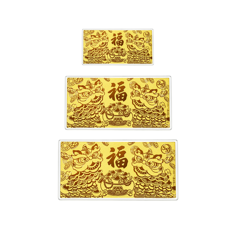 六福珠宝醒狮接福黄金金钞1g3g5g足金摆件计价025005GA-5