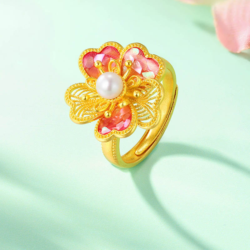 六福珠宝福满传家桃花灼灼黄金戒指珍珠女手工点螺计价L17G0013DS【1V1直播看货】