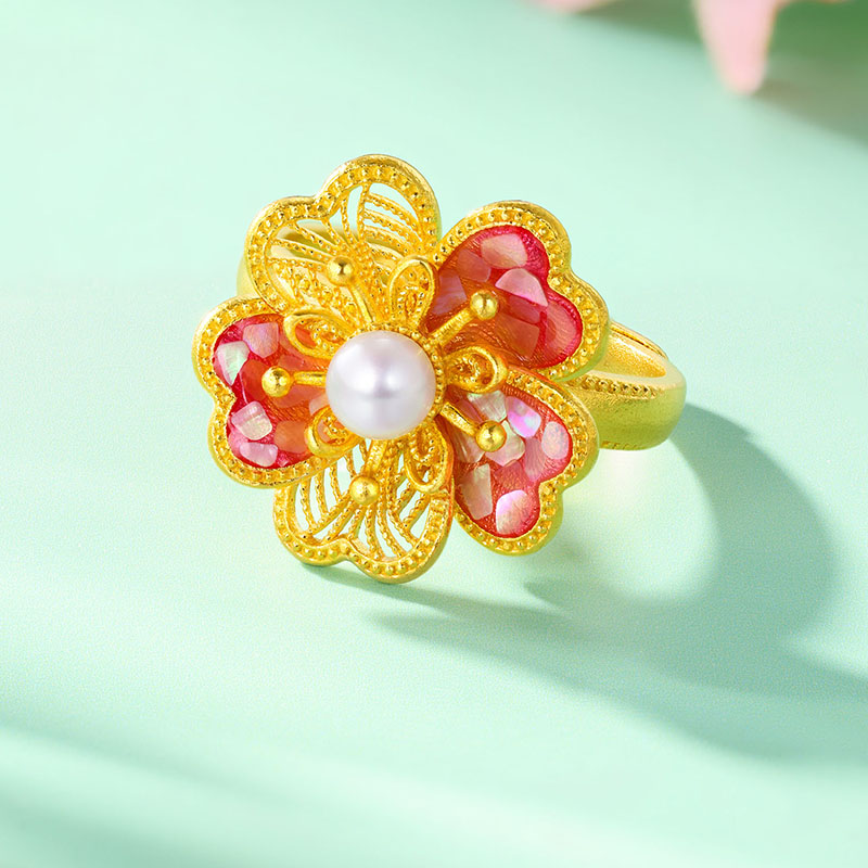 六福珠宝福满传家桃花灼灼黄金戒指珍珠女手工点螺计价L17G0013DS【1V1直播看货】