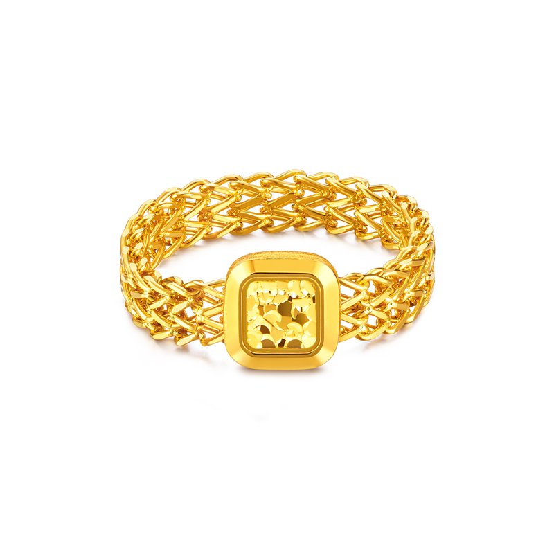 六福珠宝小方镜碎碎冰黄金戒指几何足金软链条戒指计价GJG0088DS