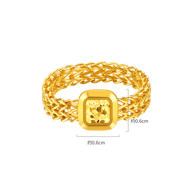 六福珠宝小方镜碎碎冰黄金戒指几何足金软链条戒指计价GJG0088DS