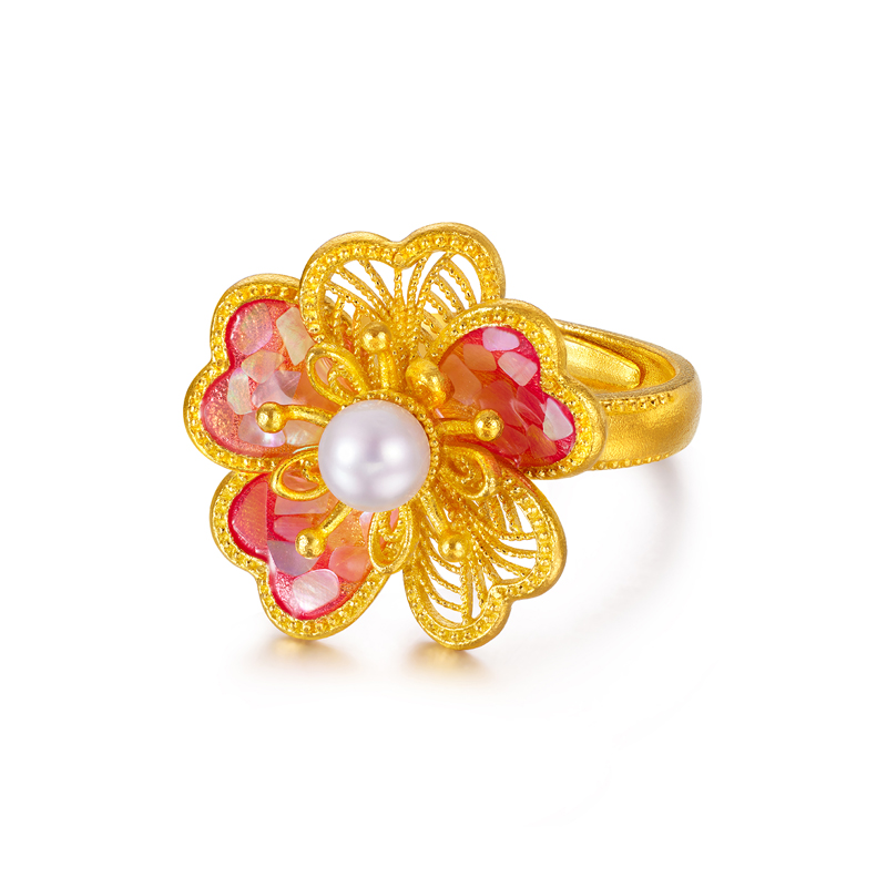 六福珠宝福满传家桃花灼灼黄金戒指珍珠女手工点螺计价L17G0013DS【1V1直播看货】