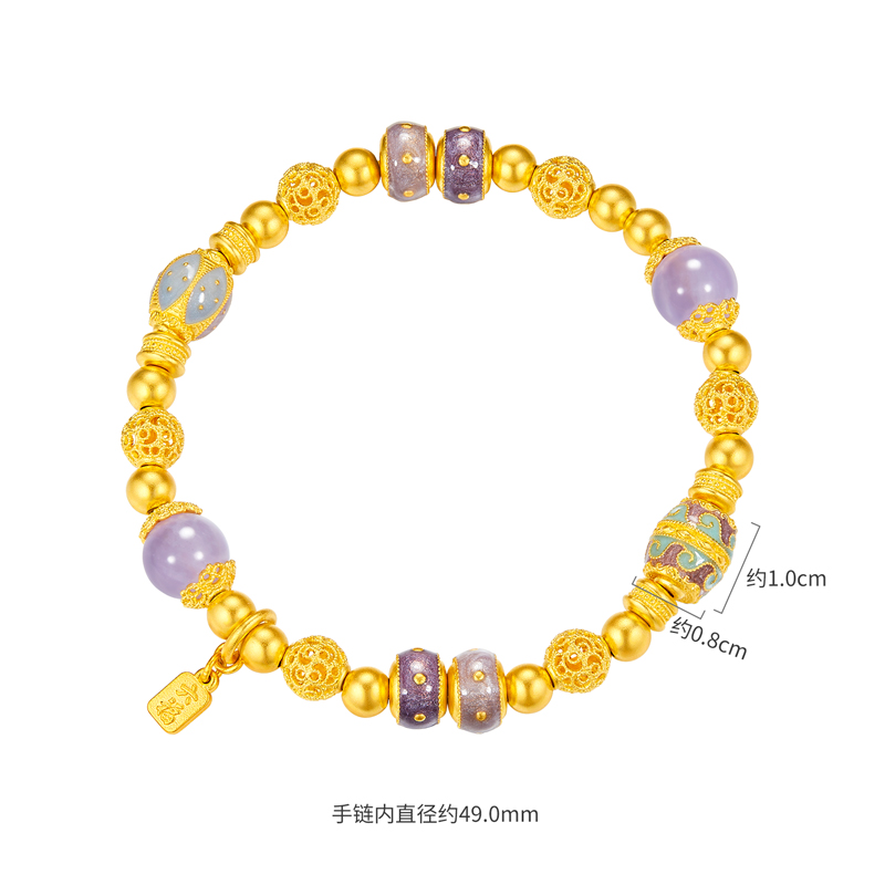 六福珠宝九紫离火紫藤花黄金手链紫晶花丝金珠手串计价F63G0086DS爆款