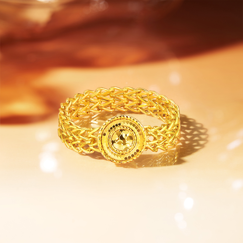 六福珠宝小太阳碎碎冰黄金戒指几何足金软链条戒指计价GJG0086DS