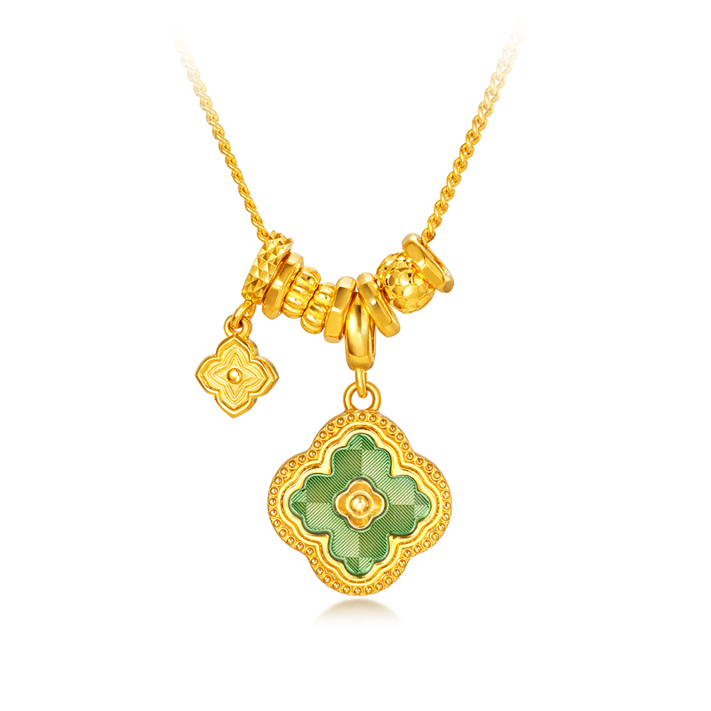 六福珠宝绿野星芒黄金项链女5G鎏彩四叶草吊坠足金计价G16G0038DS【视频看货】