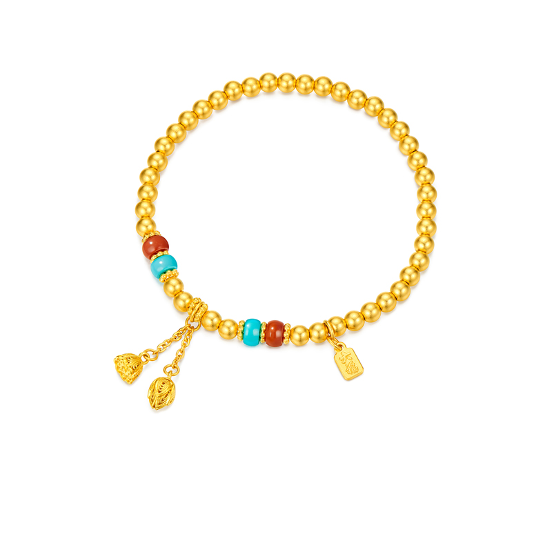 六福珠宝福满传家两世欢黄金手链女玉髓绿松石手串计价L35G0006DS【联系客服补货】【视频看货】