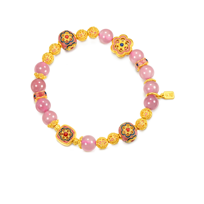 六福珠宝福满传家太阳花黄金手链鎏彩粉晶花丝手串计价F63G0088DS赏春【1V1直播看货】