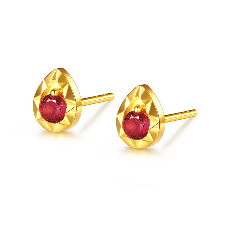 六福珠宝红宝意趣水滴黄金耳钉耳环女款足金红宝石耳饰GJA0057DS