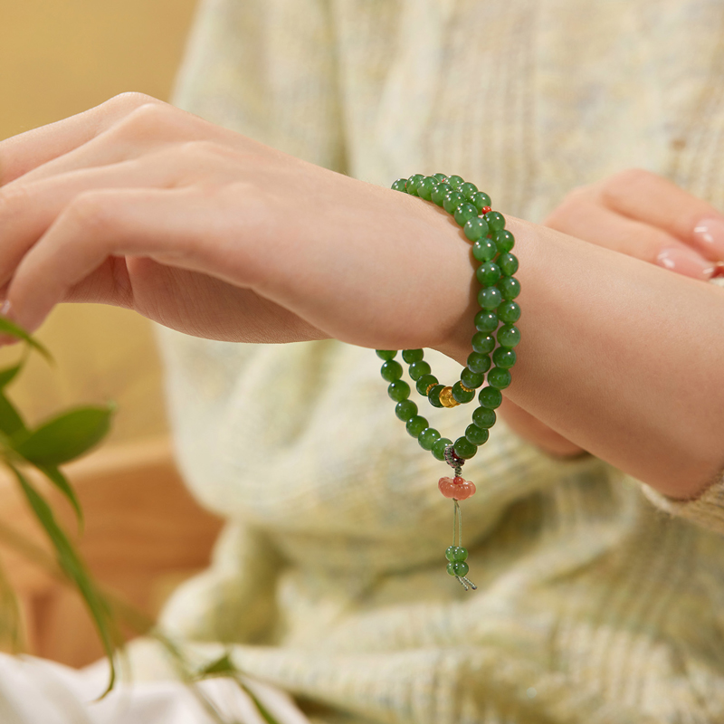 六福珠宝福禄莲莲金葫芦和田玉手链女莲花玉髓双圈手串F21A0007DS【联系客服补货】