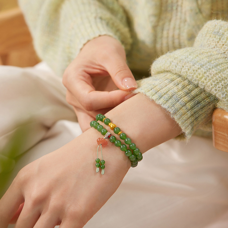 六福珠宝福禄莲莲金葫芦和田玉手链女莲花玉髓双圈手串F21A0007DS【联系客服补货】