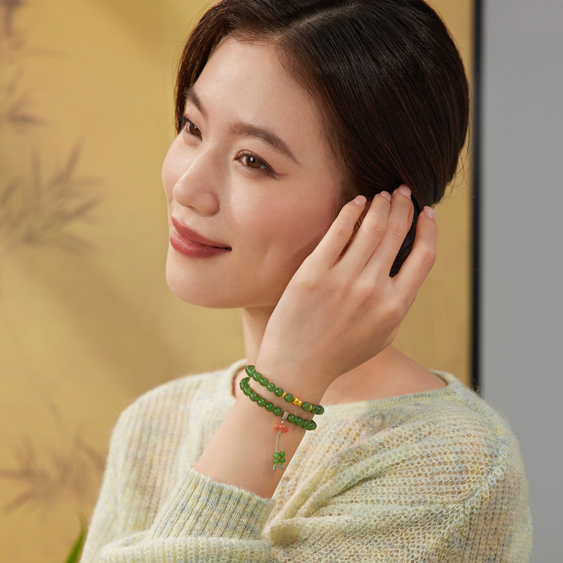 六福珠宝福禄莲莲金葫芦和田玉手链女莲花玉髓双圈手串F21A0007DS【联系客服补货】