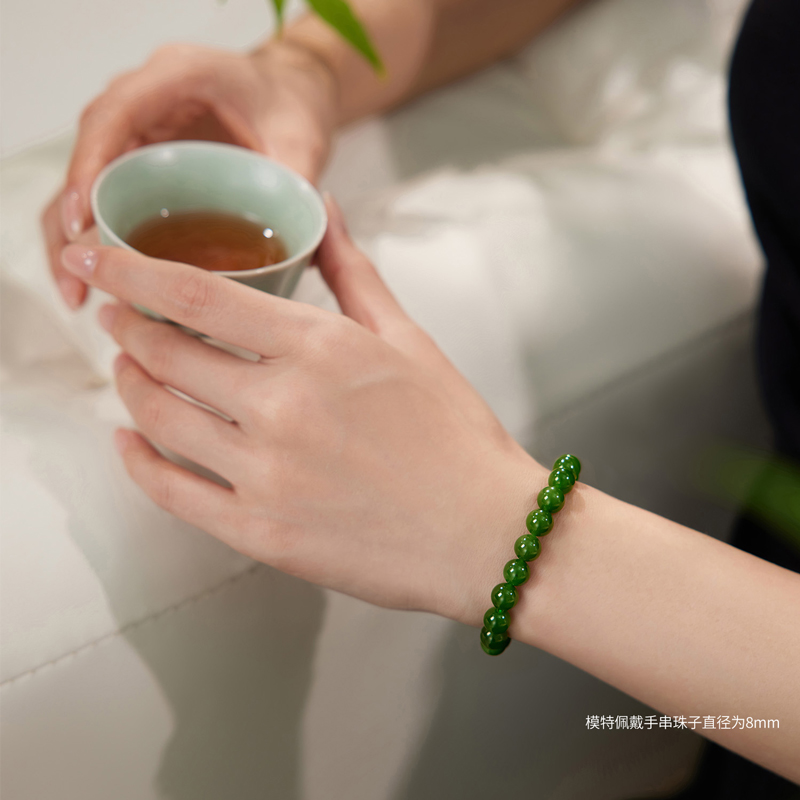 六福珠宝碧婉盈盈和田玉手串女日常6~8mm碧玉圆珠手链F21A0011DS