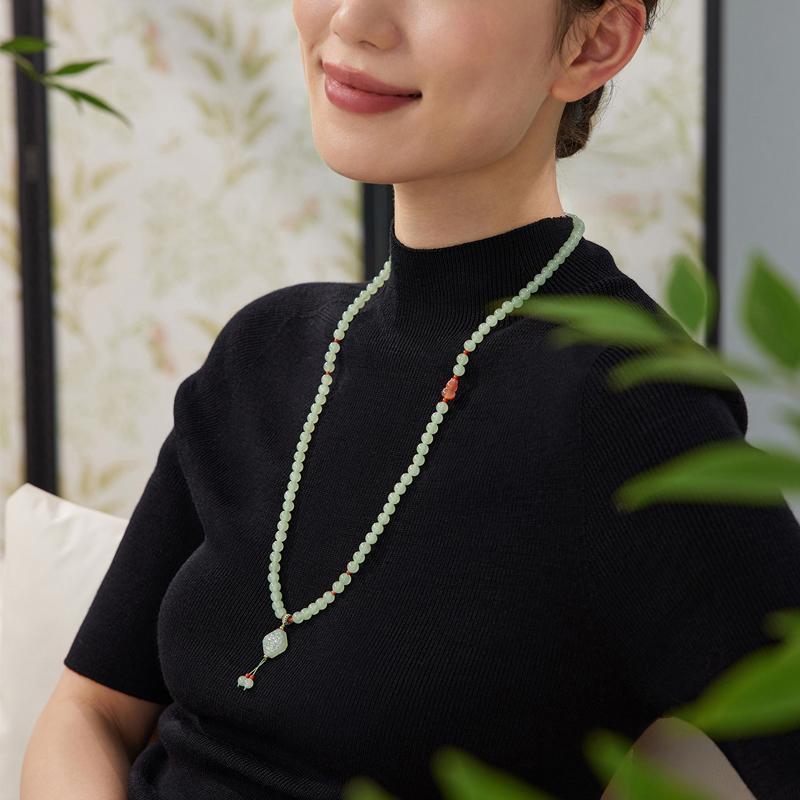 六福珠宝福满传家如意福禄和田玉项链玉髓金珠四圈手串F21A0008DS