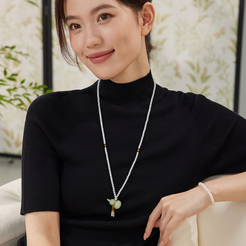 六福珠宝葫芦和田玉项链吊坠女款流苏玉髓金珠玉石颈链F21A0025DS