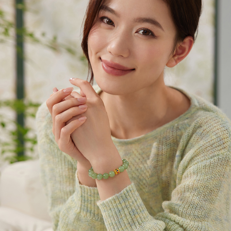 六福珠宝鎏彩花丝黄金转运珠手链女款路路通和田玉手串L74A0005DS