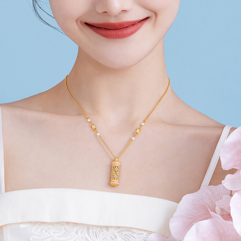 【成毅同款】【成毅同款】六福珠宝宋韵花开海韵黄金项链钻石圆柱鎏彩028478NA赏春【1V1直播看货】