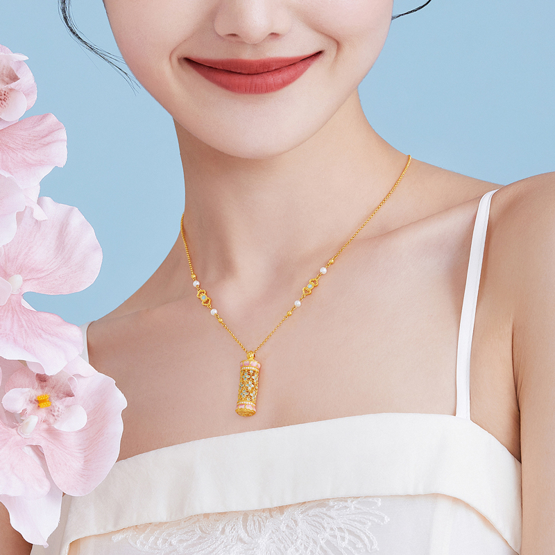 【成毅同款】【成毅同款】六福珠宝宋韵花开海韵黄金项链钻石圆柱鎏彩028478NA赏春【1V1直播看货】