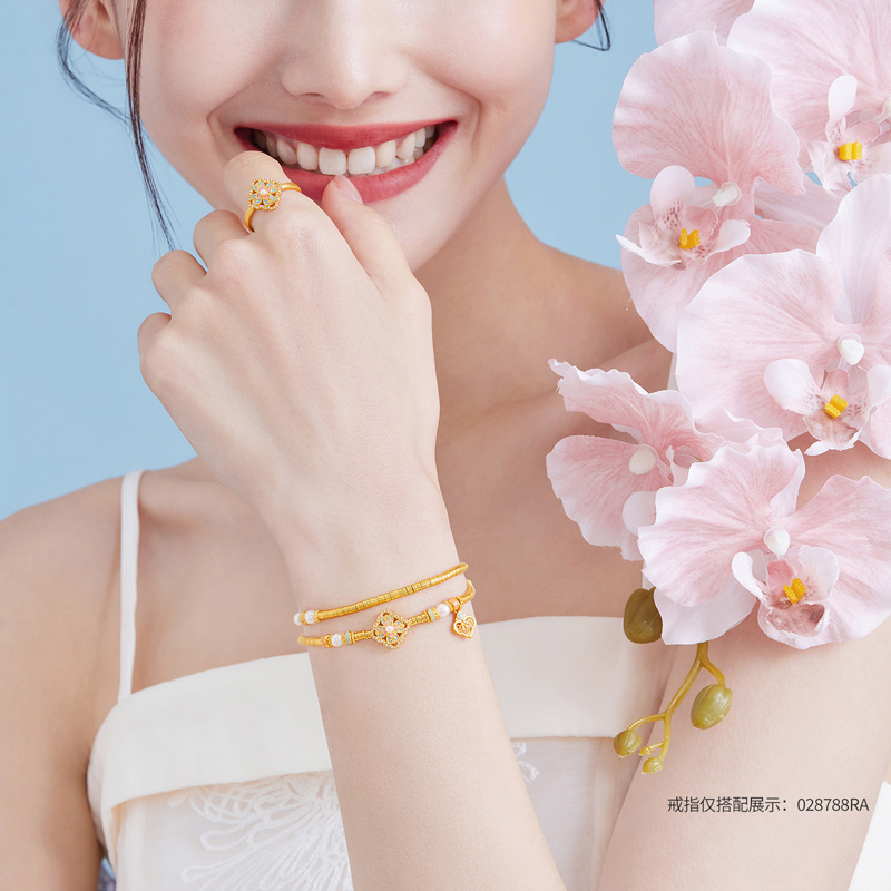 六福珠宝宋韵云青四合黄金手链钻石碎金珍珠双圈手串计价028788BB【1V1直播看货】