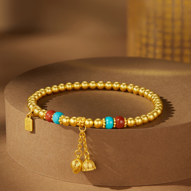 六福珠宝福满传家两世欢黄金手链女玉髓绿松石手串计价L35G0006DS【联系客服补货】【视频看货】