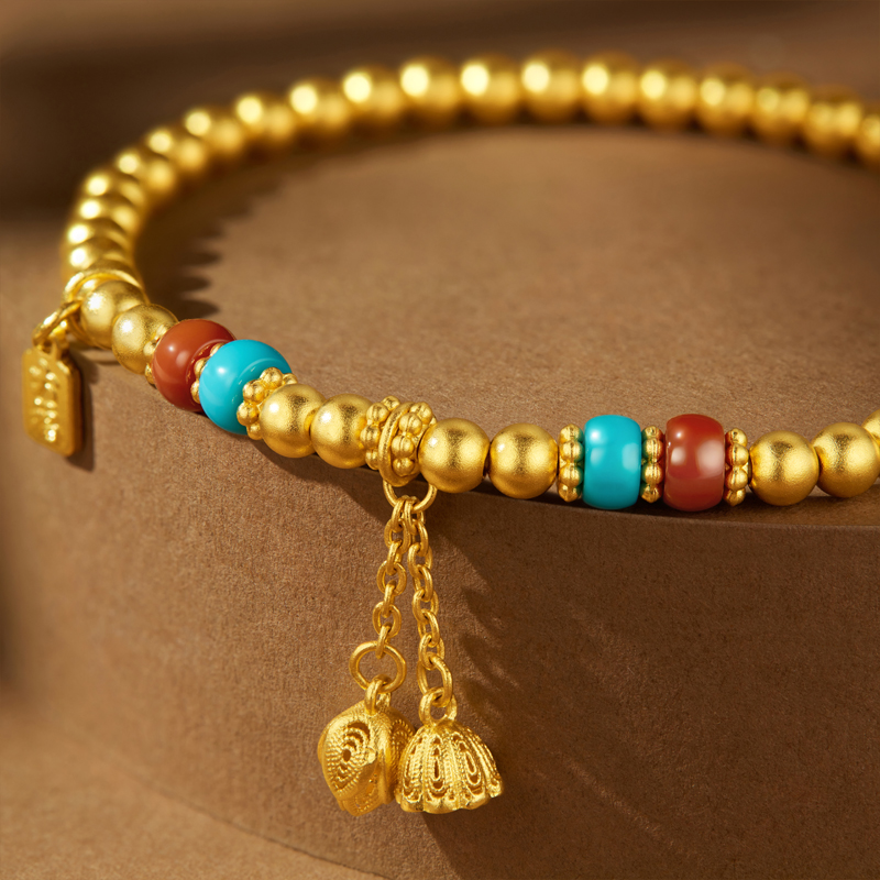 六福珠宝福满传家两世欢黄金手链女玉髓绿松石手串计价L35G0006DS【联系客服补货】【视频看货】