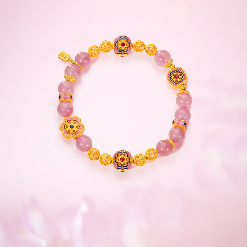 六福珠宝福满传家太阳花黄金手链鎏彩粉晶花丝手串计价F63G0088DS赏春【1V1直播看货】