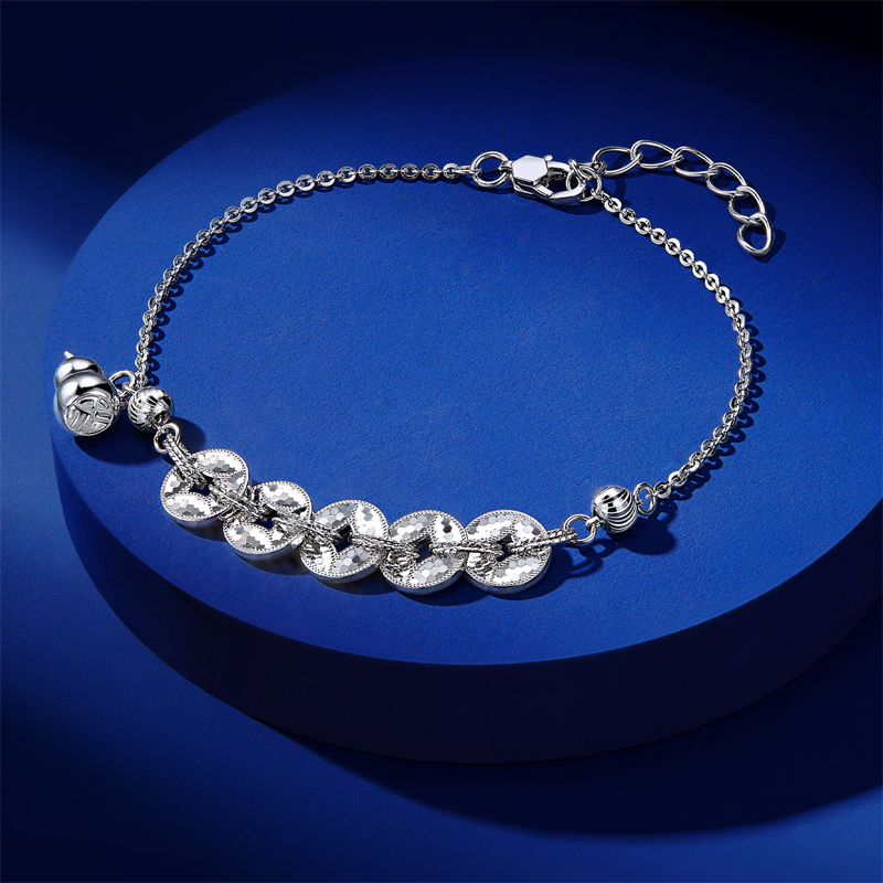 六福珠宝钱多多铂金手链铂950女铜钱挂坠白金葫芦计价F63P0041DS