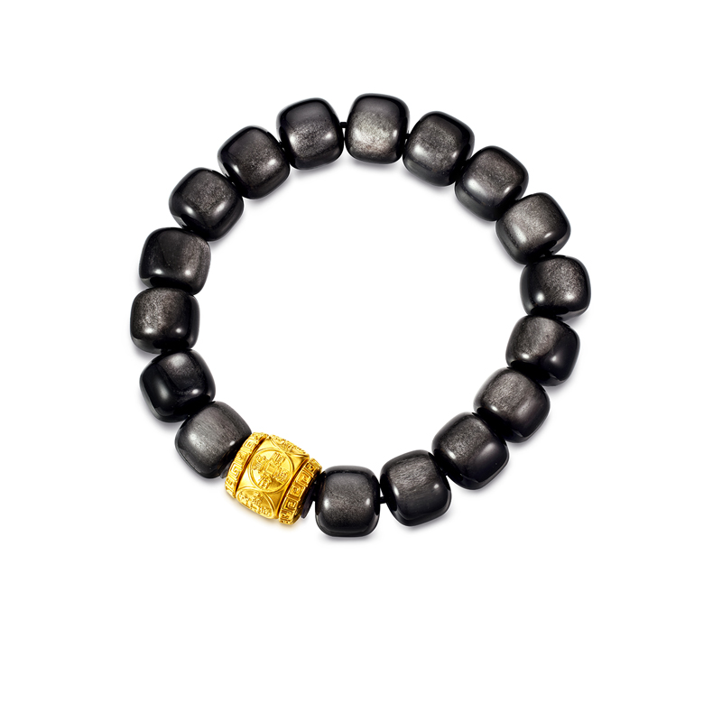 六福珠宝五帝钱黄金转运珠手链男士款5D硬金黑曜岩手串A01A0017DS