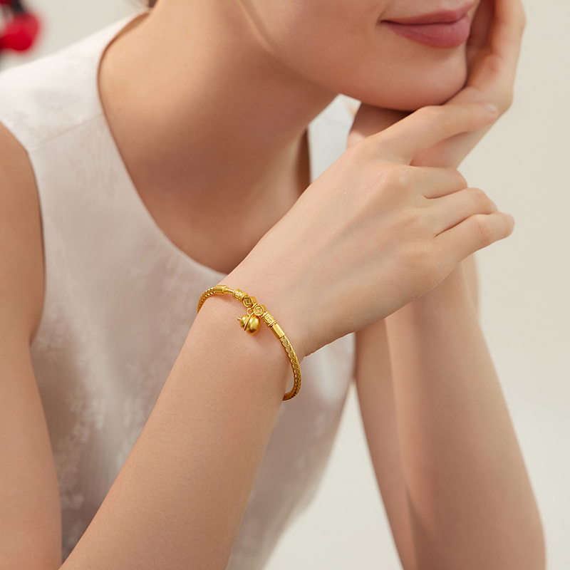 六福珠宝福满传家柿子葫芦黄金手镯女铜钱手工编织计价F21G0038DS【1V1直播看货】