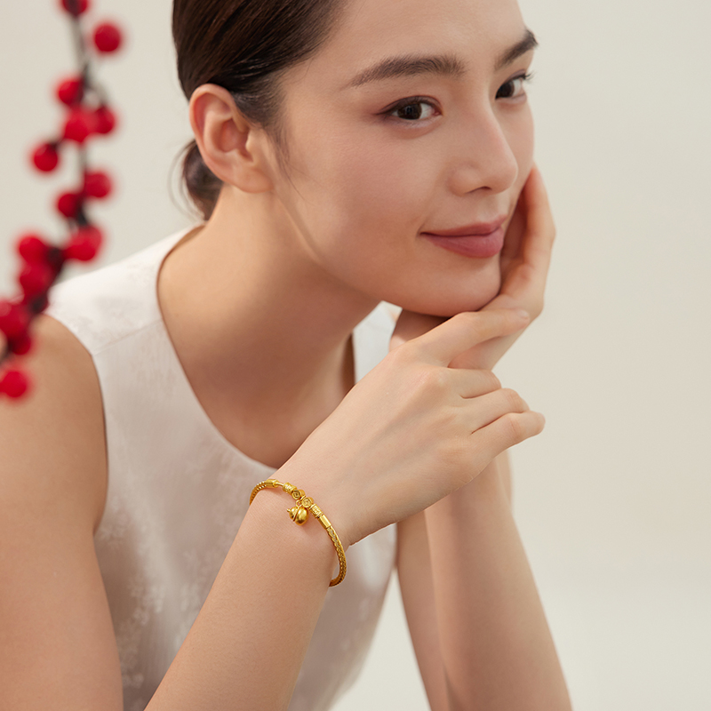 六福珠宝福满传家柿子葫芦黄金手镯女铜钱手工编织计价F21G0038DS【1V1直播看货】