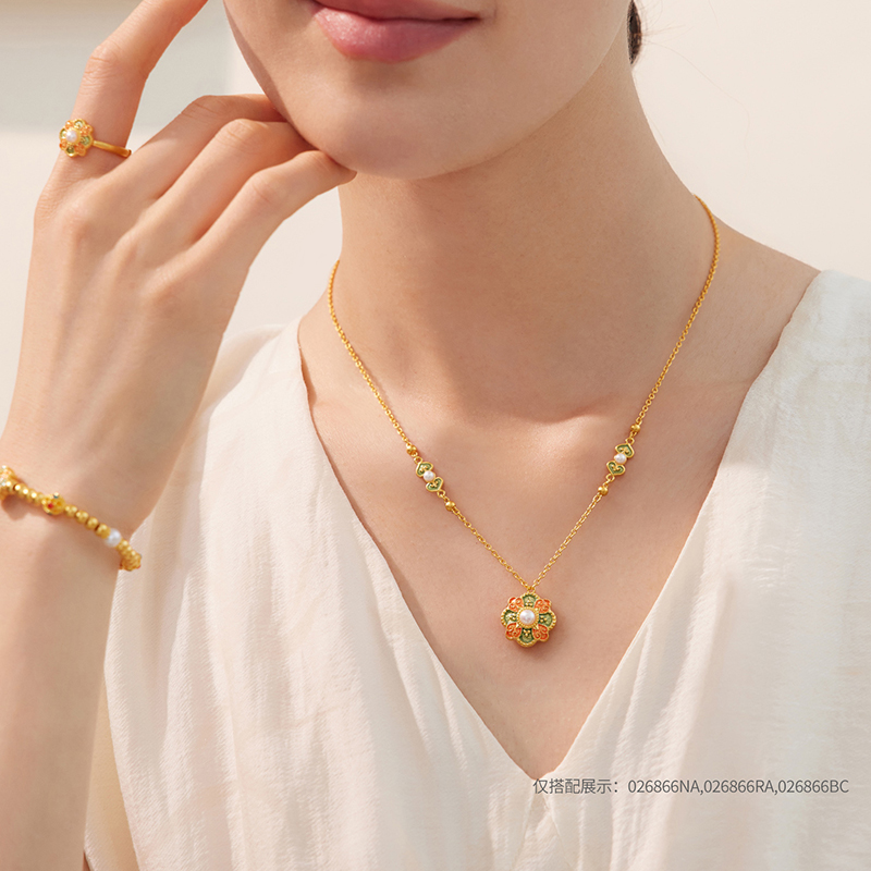 六福珠宝福满传家敦丽金煌唐彩宝相花黄金项链女珍珠计价026866NA【联系客服补货】【视频看货】