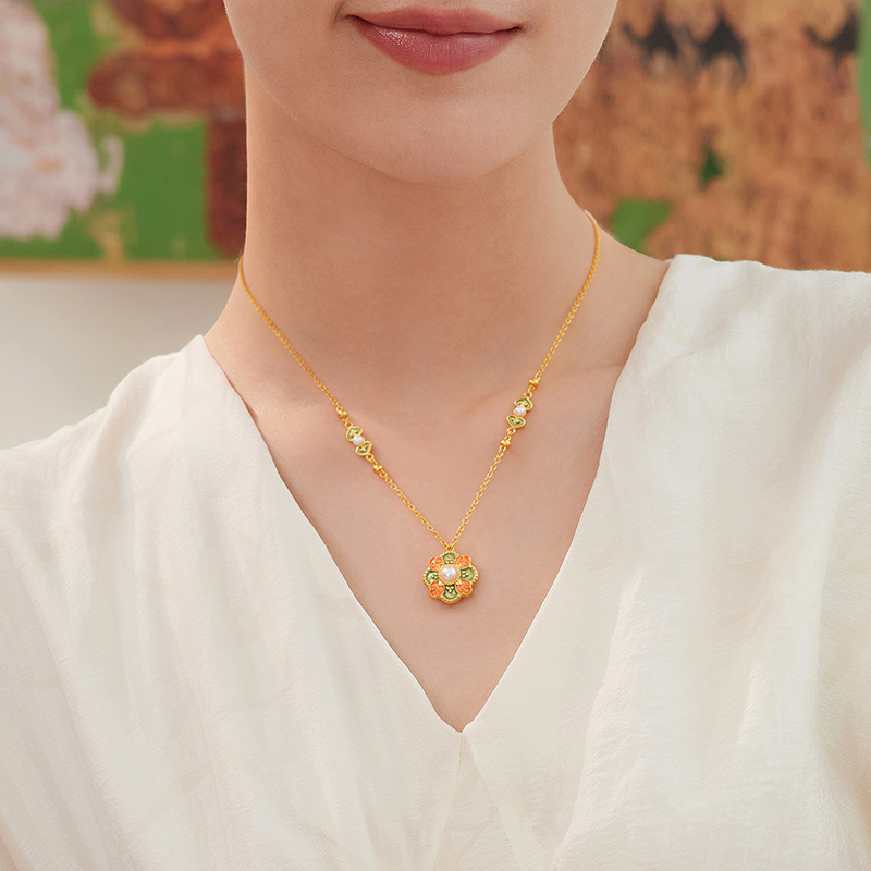 六福珠宝福满传家敦丽金煌唐彩宝相花黄金项链女珍珠计价026866NA【联系客服补货】【视频看货】