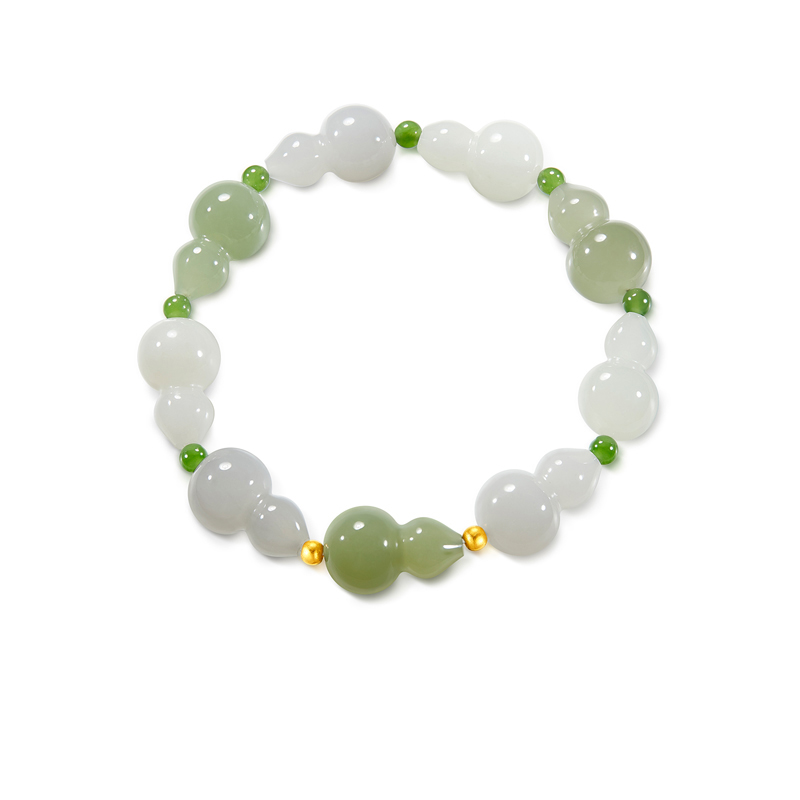 六福珠宝福禄相连和田玉黄金手链女葫芦圆珠和田玉手串F21A0022DS