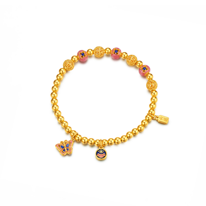 六福珠宝福满传家蓝福蝶黄金手链鎏彩花丝金珠手串计价F63G0084DS赏春【联系客服补货】【1V1直播看货】