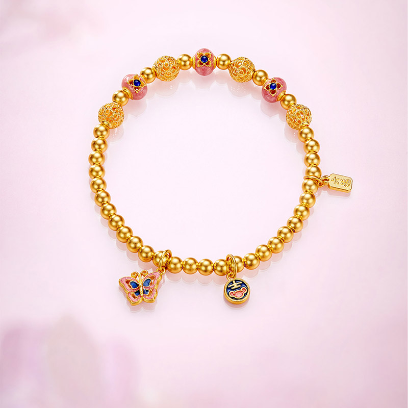 六福珠宝福满传家蓝福蝶黄金手链鎏彩花丝金珠手串计价F63G0084DS赏春【联系客服补货】【1V1直播看货】