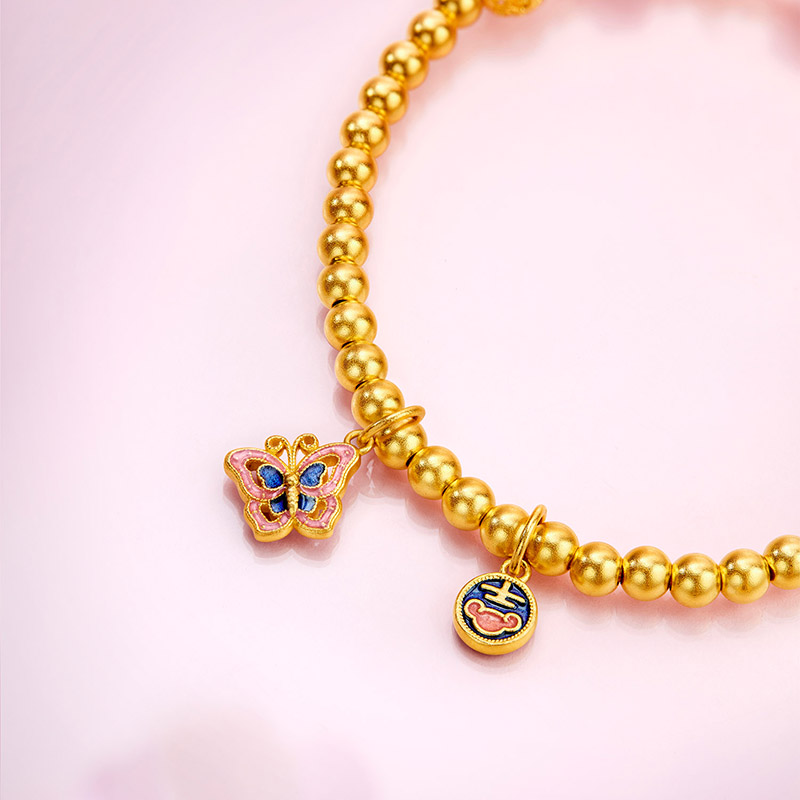 六福珠宝福满传家蓝福蝶黄金手链鎏彩花丝金珠手串计价F63G0084DS赏春【联系客服补货】【1V1直播看货】