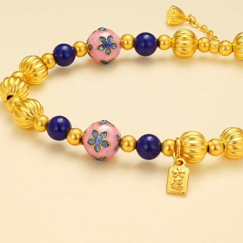 六福珠宝南瓜珠黄金手链女款鎏彩转运珠青金石手串计价G39G0029DS【1V1直播看货】