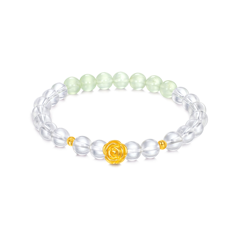 六福珠宝浪漫玫瑰花黄金手链女6.5-7mm水晶宝玉石手串L02A0004DS