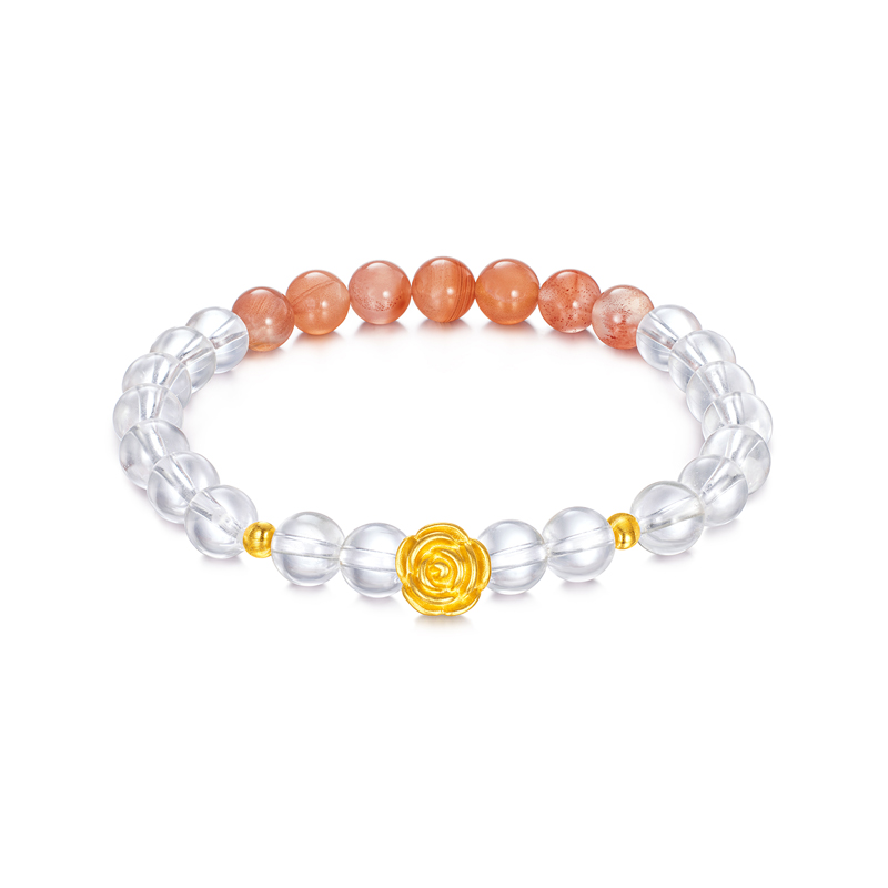 六福珠宝浪漫玫瑰花黄金手链女6.5-7mm水晶宝玉石手串L02A0004DS