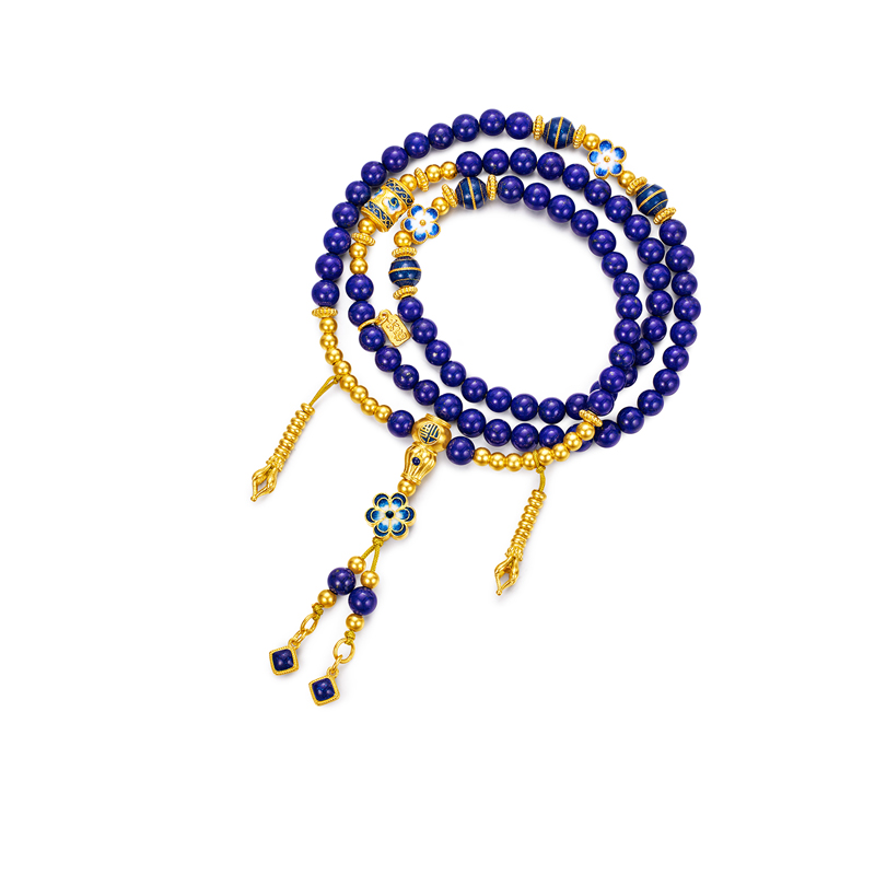 六福珠宝青花瓷韵黄金项链青金石三圈手串流苏莲花计价G39G0030DS【1V1直播看货】