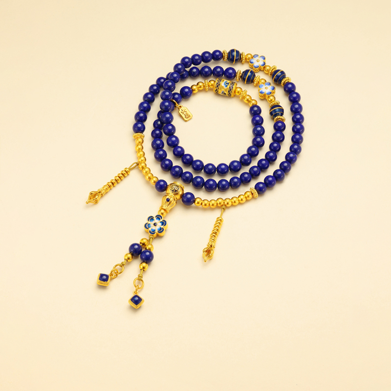 六福珠宝青花瓷韵黄金项链青金石三圈手串流苏莲花计价G39G0030DS【1V1直播看货】