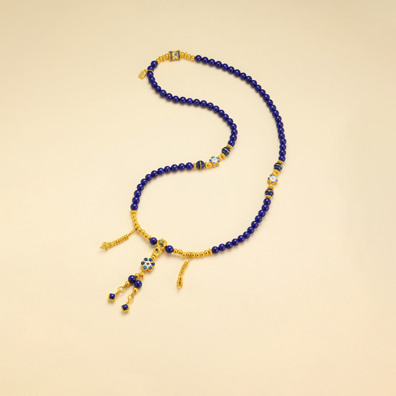 六福珠宝青花瓷韵黄金项链青金石三圈手串流苏莲花计价G39G0030DS【1V1直播看货】