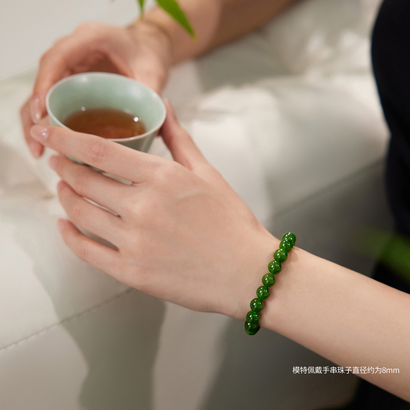 六福珠宝碧婉盈盈和田玉手串女日常6~8mm碧玉圆珠手链F21A0011DS