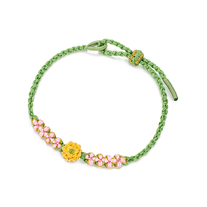 六福珠宝好运莲莲黄金转运珠女六瓣莲花编织串珠金手绳A01A0024DS