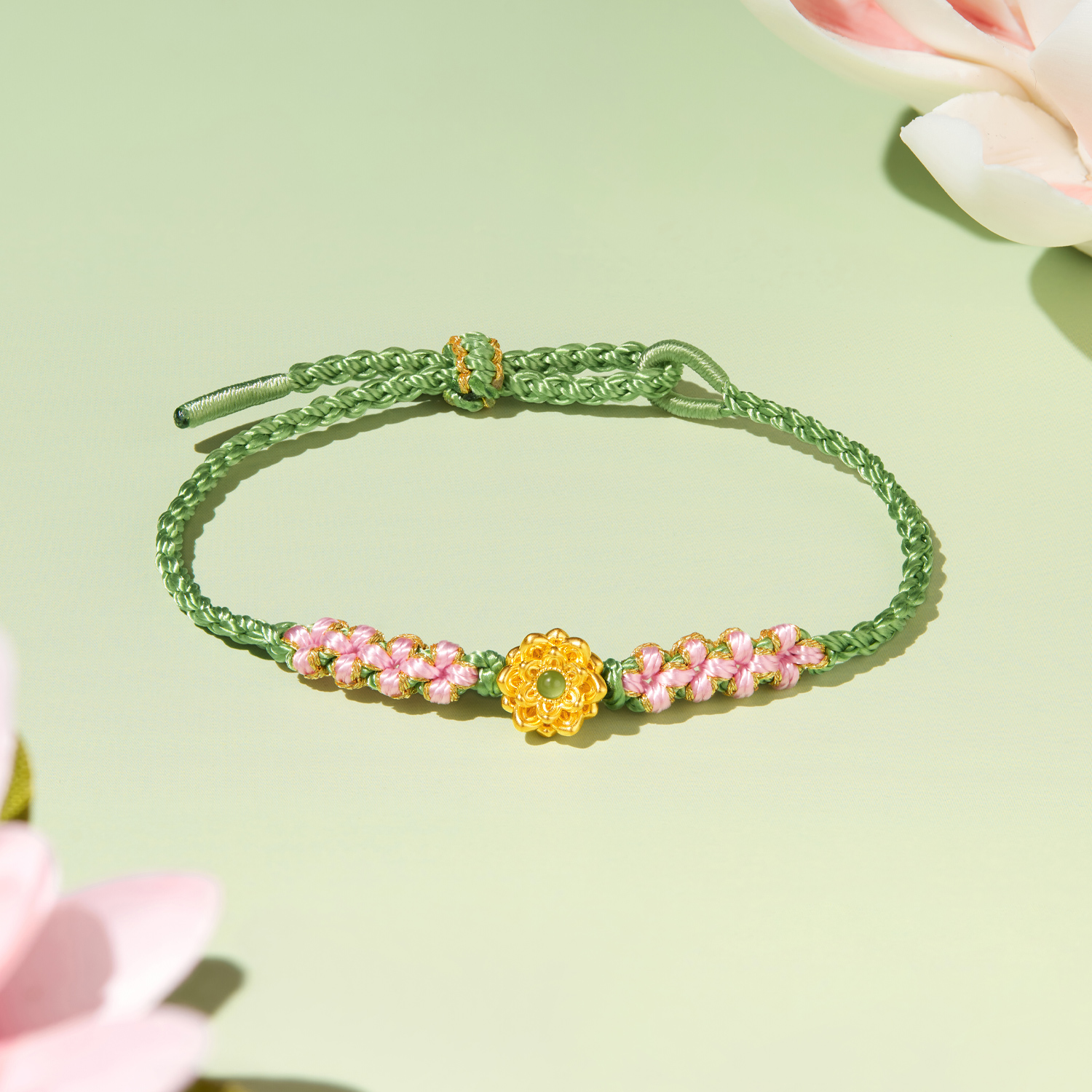 六福珠宝好运莲莲黄金转运珠女六瓣莲花编织串珠金手绳A01A0024DS